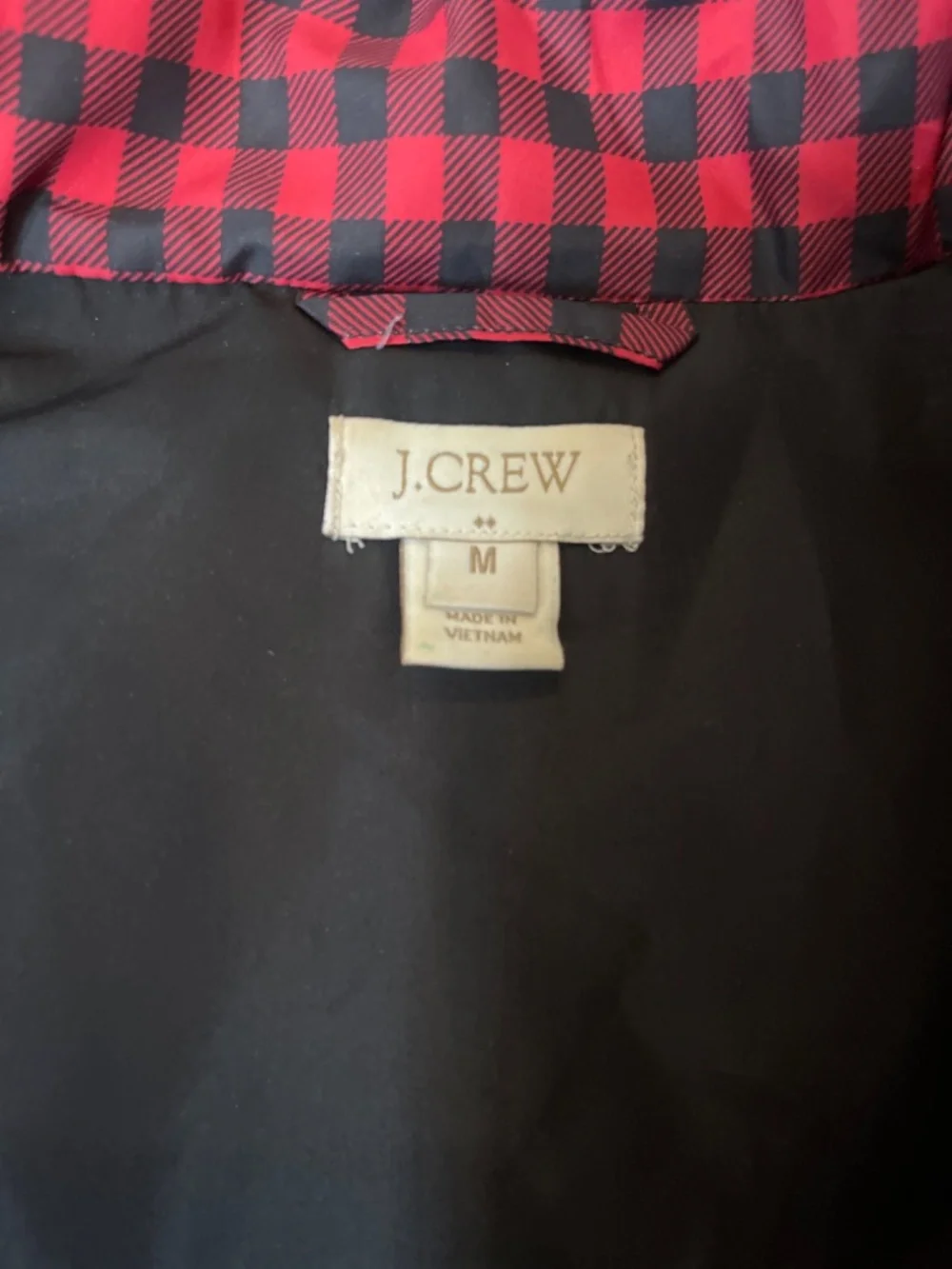 J Crew Red Black Buffalo Check Quilted Puffer Vest Gilet Size Medium
